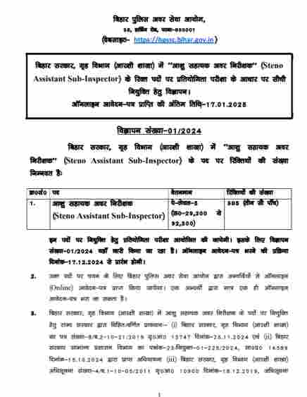 Bihar Police ASI Steno Vacancy 2024 Notification